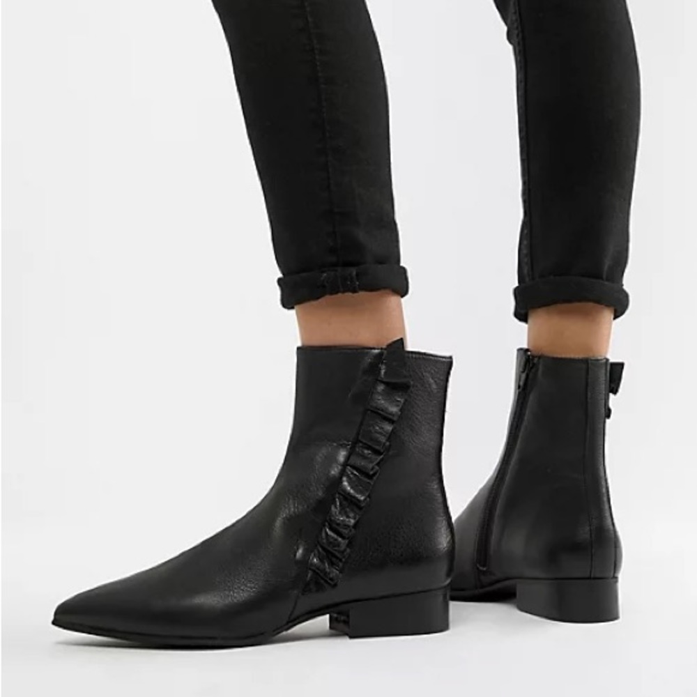 Selected Femme Leather Frill Detail Ankle Boots